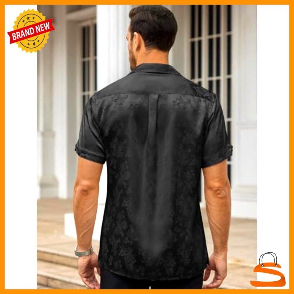 Silk Satin Button Down Shirt Short Sleeve Loose Fit Jacquard Design Summer - Picture 4 of 7